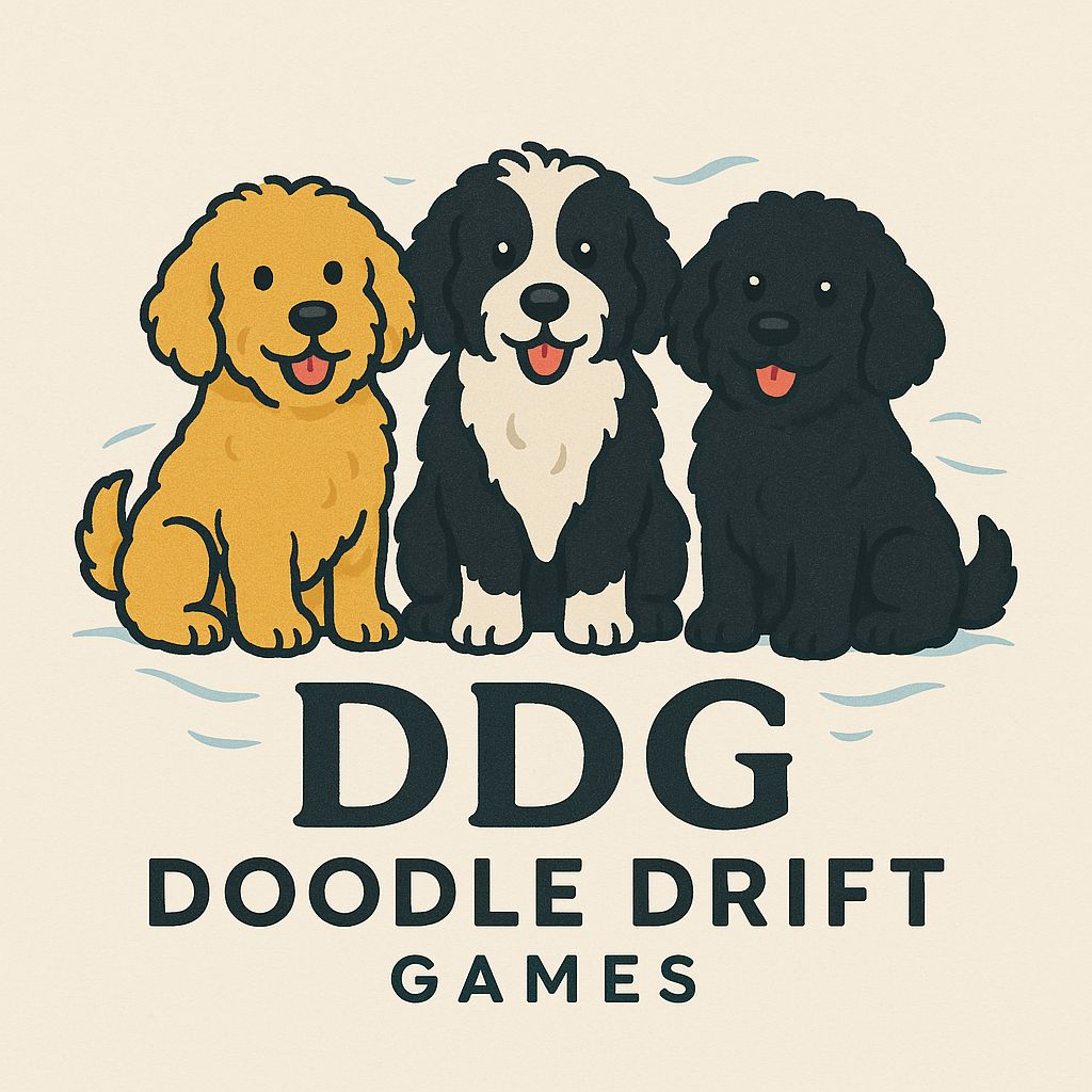 The Doodle Drift Games logo: three doodle dogs — two goldendoodles and a bernedoodle — sitting in a row above the studio name